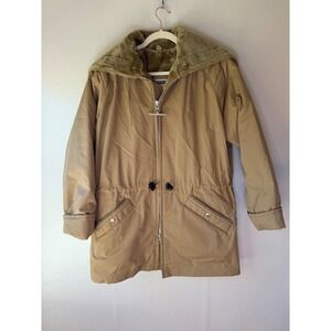 Vintage Mighty-Mac Parka Jacket Tan Faux Fur Split Zip Hood Mens Size 38 USA